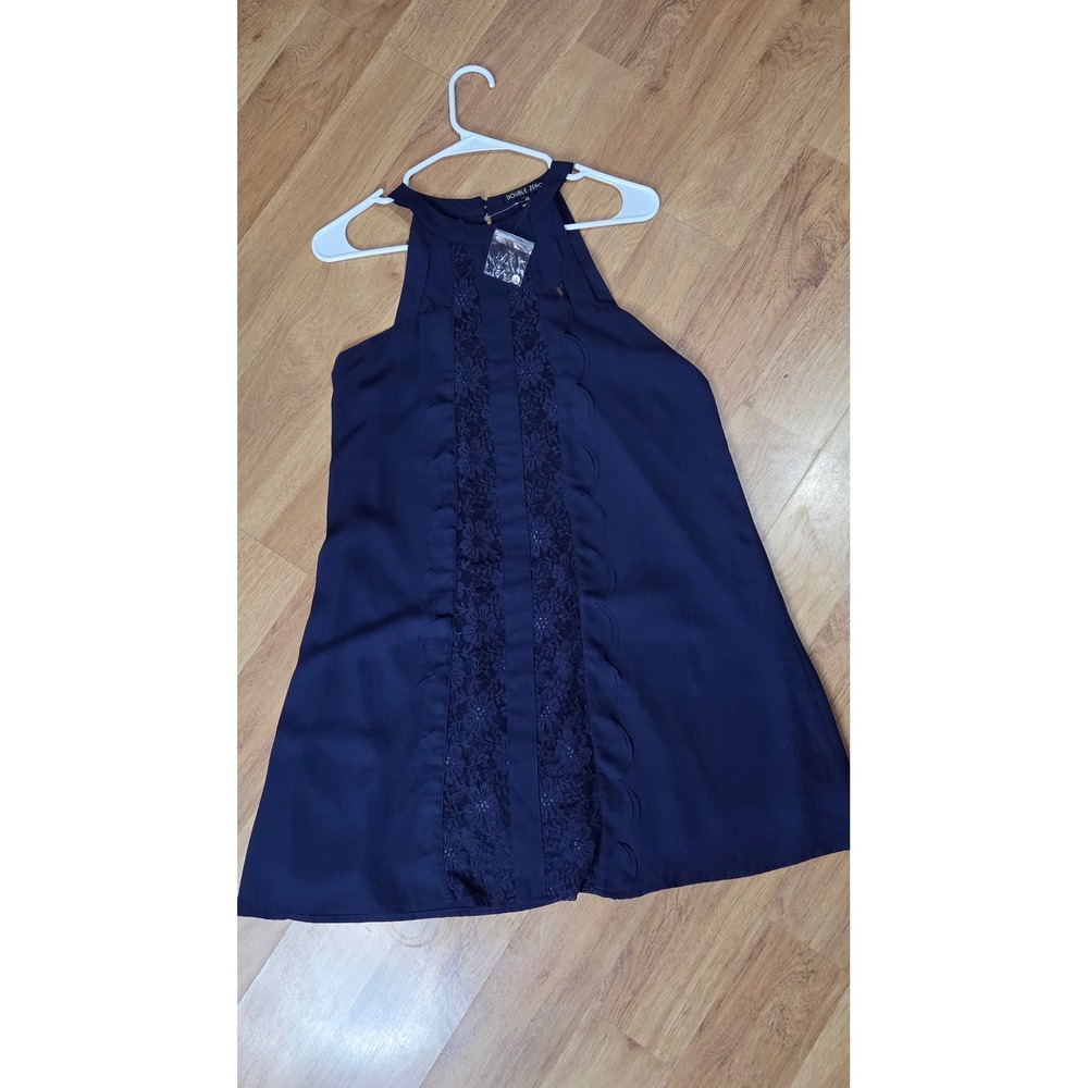 Double Zero Navy Blue Lace Halter Neck Shift Dress Sz M Scallop Trim 15H735